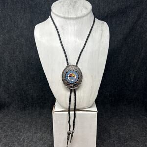 Vintage S.S.I. USA Bolo Tie Handcrafted Medallion Leather Cord Western